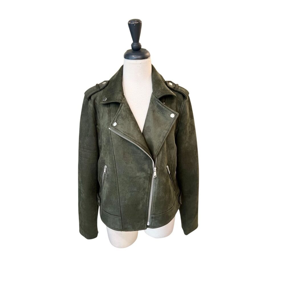 LOFT Women's Faux Suede Asymmetric Zip Moto Jacket Green Medium NWT